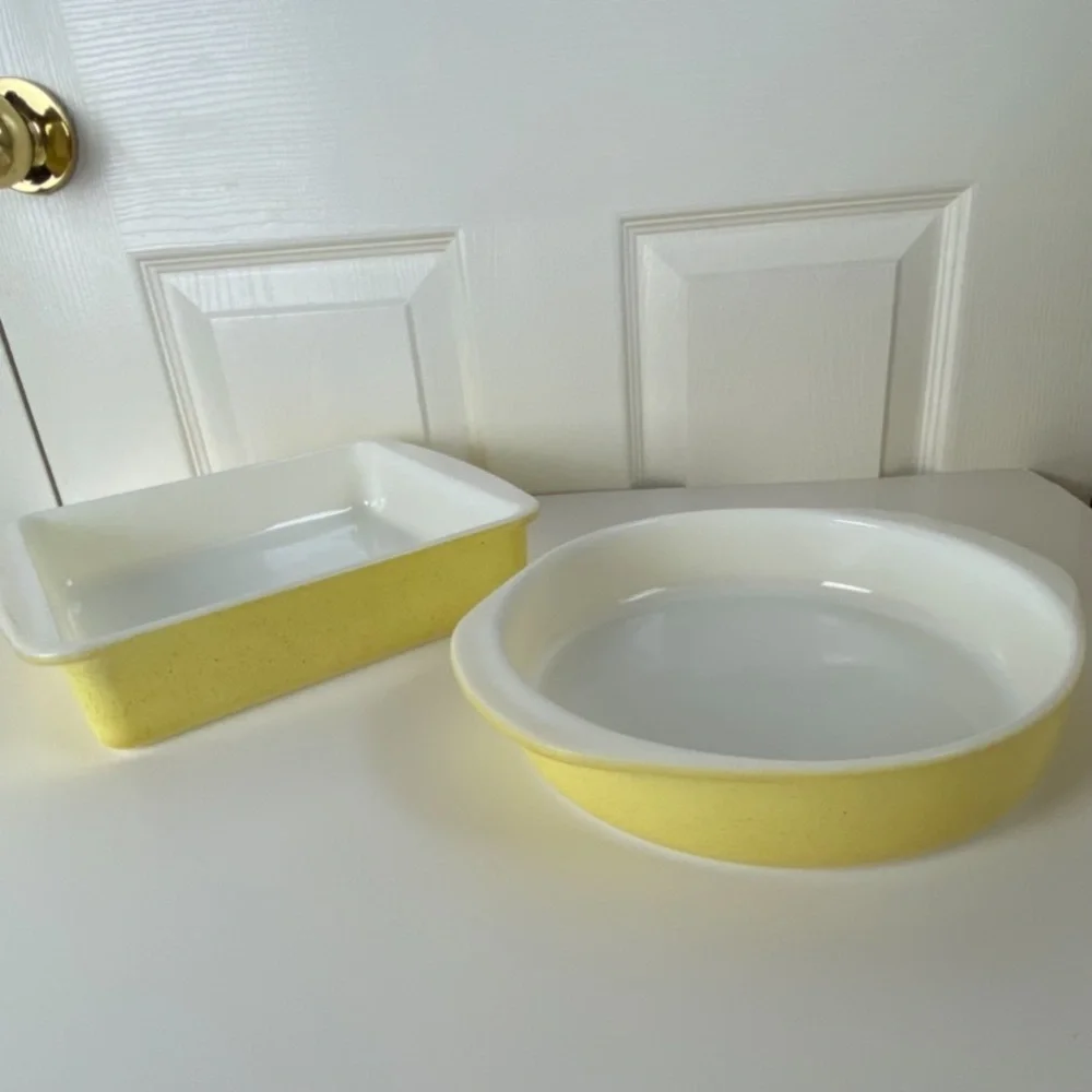 2 Rare Vintage Pyrex 1955-56 Yellow Speckled Desert Dawn Series Baking Dishes - Picture 13 of 16